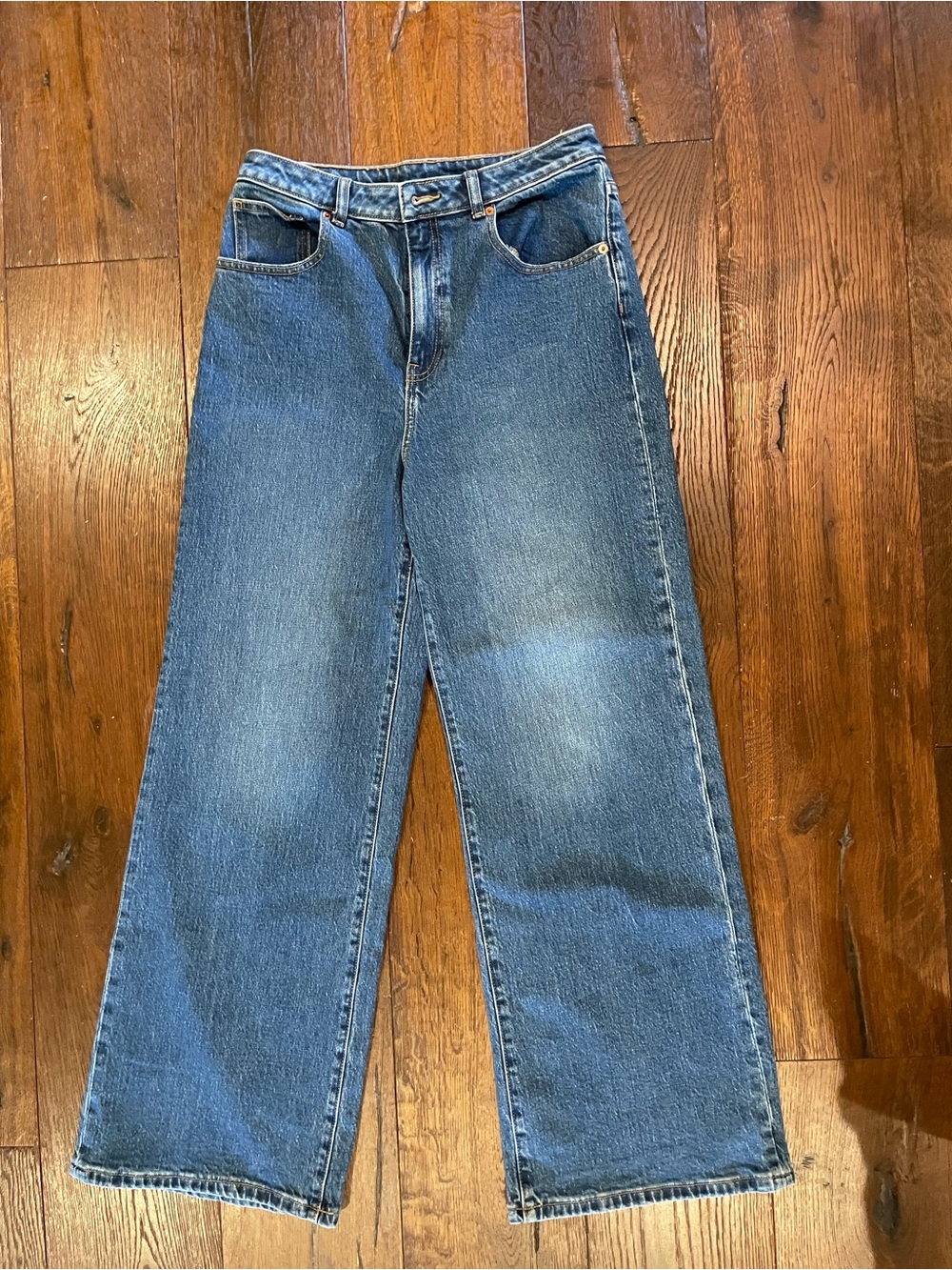 PINK Victoria's Secret high waist wide leg Denim Jeans with Tan Leather Patch